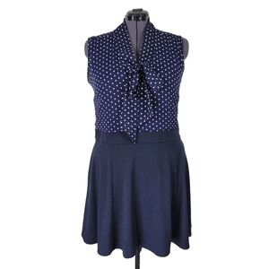ASOS Fit N Flare Dress Size 16 Navy White Polka Dot Attached Tie Sleeveless Zip